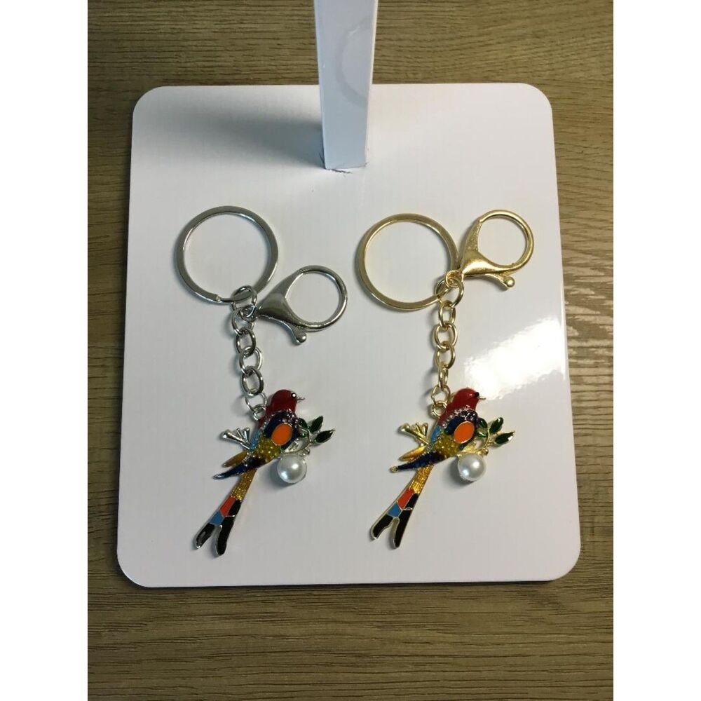 Enamel Bird Keychain Bag Charm w/Vibrant Colors & Dangling Faux Pearl Accent
